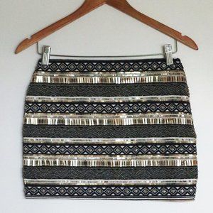 Navy, White, and Gold Sequined and Beaded Striped Mini Skirt